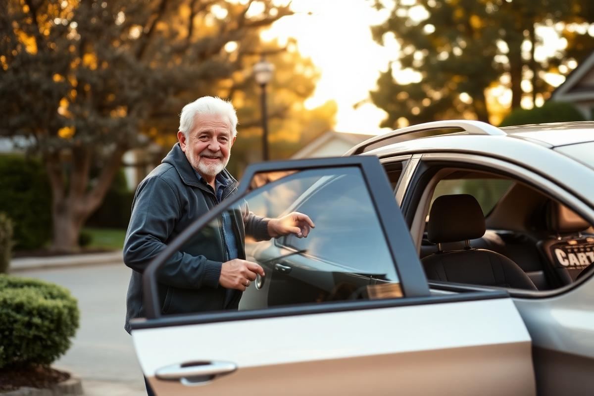 A community volunteer driver smiling as he helps an elderly man out of a car on a tree-lined street at golden hour.