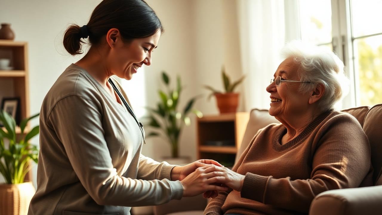 A home caregiver gently holding the hands of a smiling elderly woman in a sunlit living room.