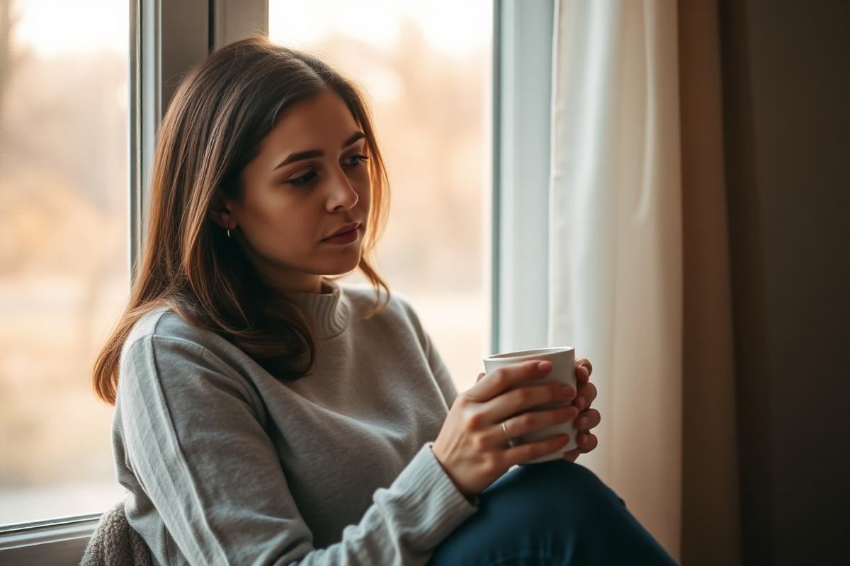 A tired family caregiver holding a coffee mug and gazing out a window in soft morning light.